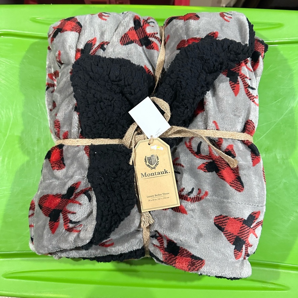 Montauk Gray and Red Sherpa Throw Blanket